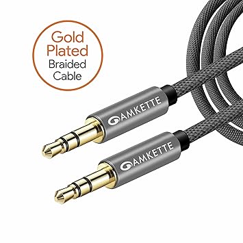 Amkette Car Stereo 3.5 mm Male to Male Gold Plated Nylon Braided Aux Audio Cable - 4.92 Feet (1.5 Meters) - (Grey)