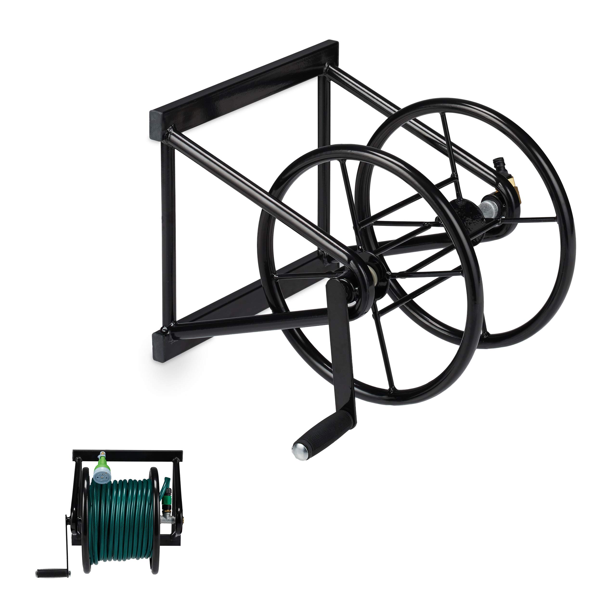 Relaxdays Hosepipe Reel Wall-mounted, Holder With Hand Crank, For 60 m Hose Pipes, Steel, HWD 36 x 53 x 50 cm, Black
