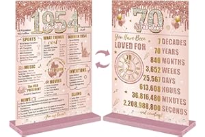 Bumqviy Happy 70th Birthday Decorations Back in 1954 Table Sign for Women, Pink Rose Gold 70 & Fabulous Birthday Two-Sided Wooden Poster with Stand, Seventy Year Old Birthday Gift Party Supplies