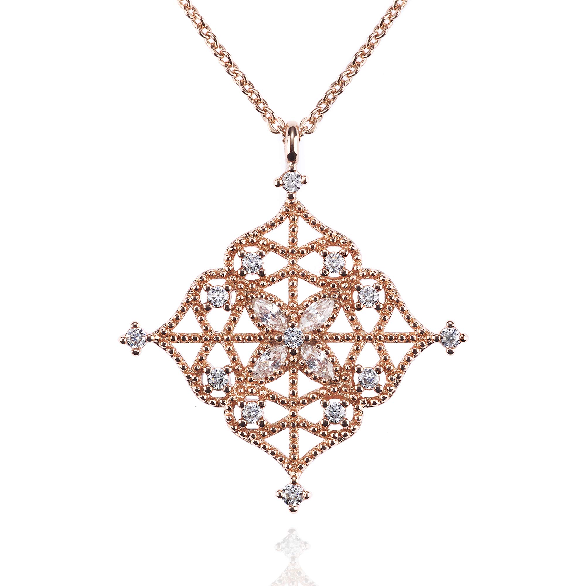 namana Arabesque Pendant Necklace. Rose Gold Necklaces for Women set with Cubic Zirconia Gemstones on Intricate Filigree Details. Rose Gold Necklace for Women with Gift Box