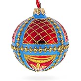 Trellis on Blue and Red Glass Ball Christmas Ornament 3.25 Inches