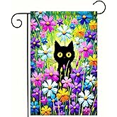 BlissYard Welcome Spring Summer Garden Flag Spring Black Cat Garden Flag 12x18 Double Sided Kitty Yard Lawn Daisy Pansy Flower Floral Outside Decoration Seasonal Farmhouse Outdoor Small Porch Decor