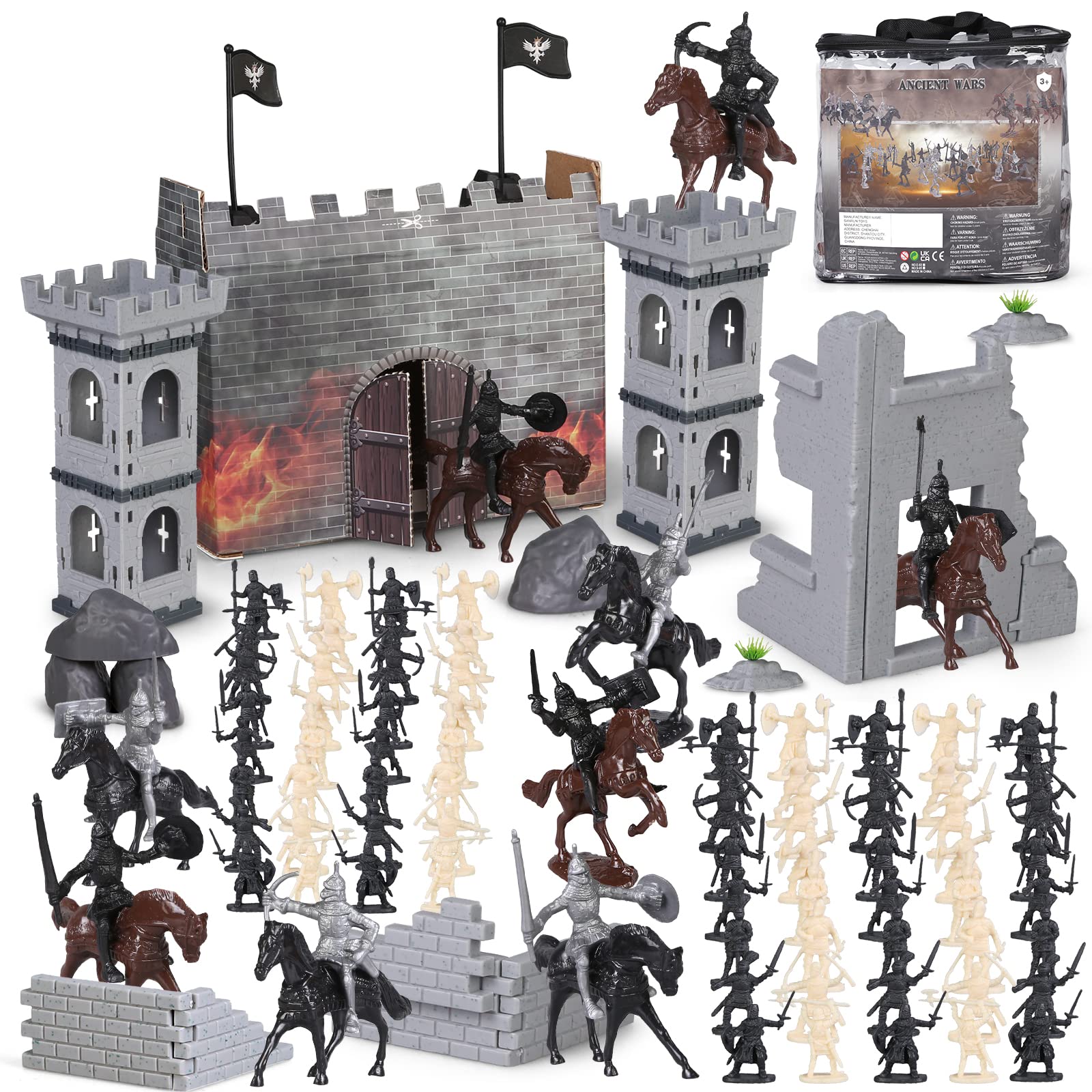 Boderam Medieval Castle Knights Toys 254PCS Ancient Soldier Warriors Figures Toy Army Men Action Figure Playset Plastic Military Base Set Toy with Cavalry Arrow Tower Storage Bag for Boys Girls Kids