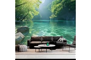 BSFHH Nature Tapestry Forest Tree Sea Cave Wall Hanging, Stream Through Rainforest Landscape Wall Art Tapestry for Bedroom Living room (Lake View, 90"×70", Unframed)