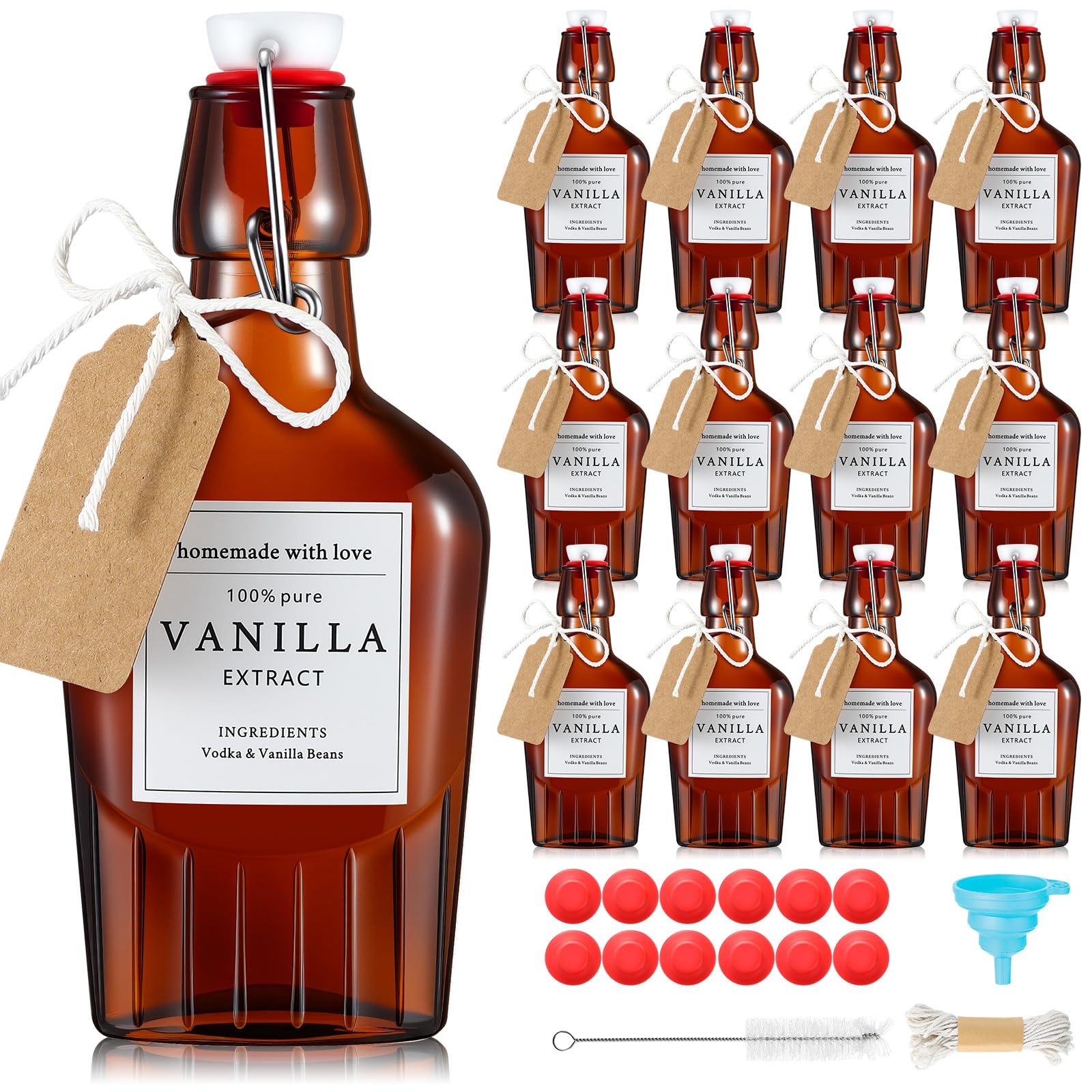Photo 1 of Acellegic 12 Set Swing Top Glass Flask Homemade Vanilla Extract Bottles with Stoppers Stickers Jar Brush Funnel Rope Labels Bottle for Holiday DIY Crafts Christmas Wedding Gifts (Amber,8.4oz)