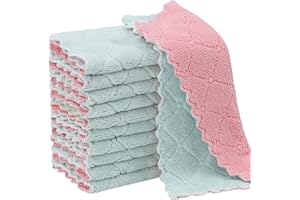 RACHAN 11Pack Kitchen Dish Cloths, Reusable Dish Towels, Nonstick Oil Washable Fast Drying, Super Absorbent Coral Velvet Cleaning Cloths for Cleaning Tableware, Kitchen, Bathroom (Pink-green10 x 6")