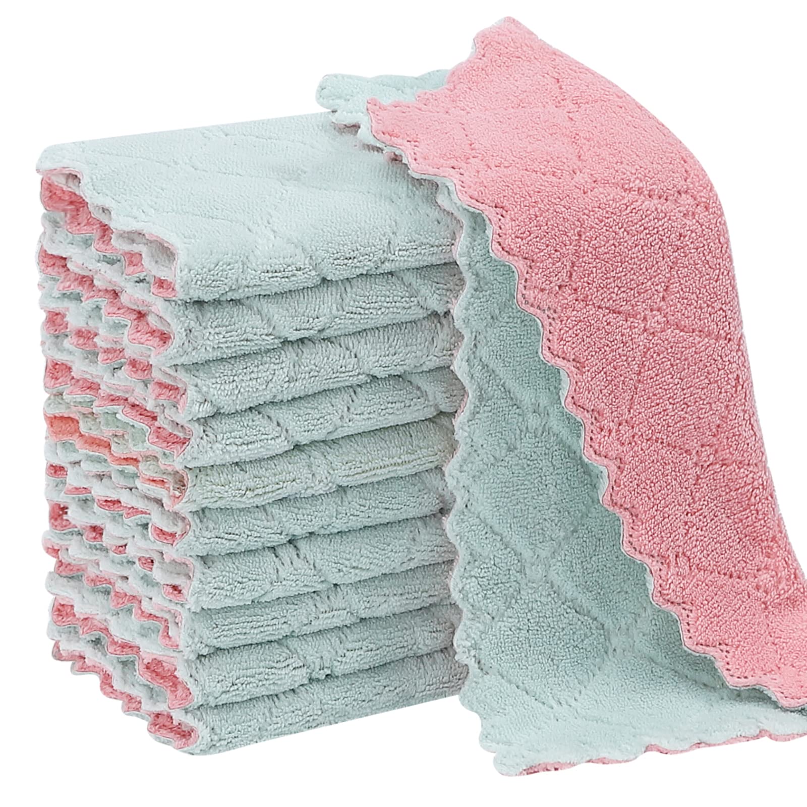 Photo 1 of 11Pack Kitchen Dish Cloths, Reusable Dish Towels, Nonstick Oil Washable Fast Drying, Super Absorbent Coral Velvet Cleaning Cloths for Cleaning Tableware, Kitchen, Bathroom (Pink-green10 x 6")