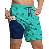Yufawow 7 Inch Men Swim Trunks with Compression Breathable Liner Quick Dry Zipper Pockets for Pool Board Beach Cruise