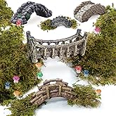 OrgMemory 5pcs Miniature Garden Accessories Set, DIY Landscape Bridge, Mini Pond Lawn Decor for Fairy Gardens, Terrariums, Mo