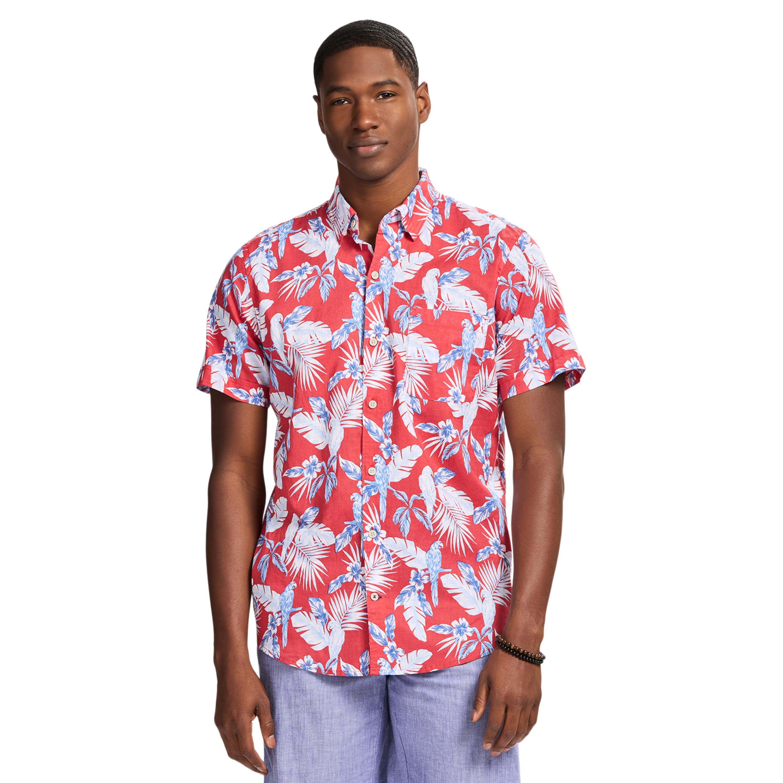Izod Men’s Saltwater Dockside Chambray Short Sleeve Button Down Shirt, Saltwater Red, Large