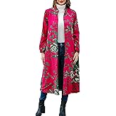 LZJN Women's Vintage Floral Trench Coat Plus Size Cotton Linen Boho Long Jacket with Pockets Outerwear