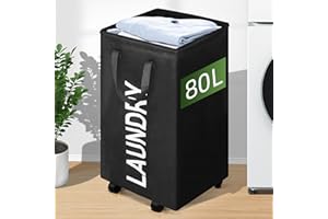 ZOES HOMEWARE 80L Large Laundry Basket with Wheels, 21 GAL Rolling Laundry Hamper with Handle, 27" Tall Square Laundry Basket for Corner, Collapsible and Foldable, (Black)