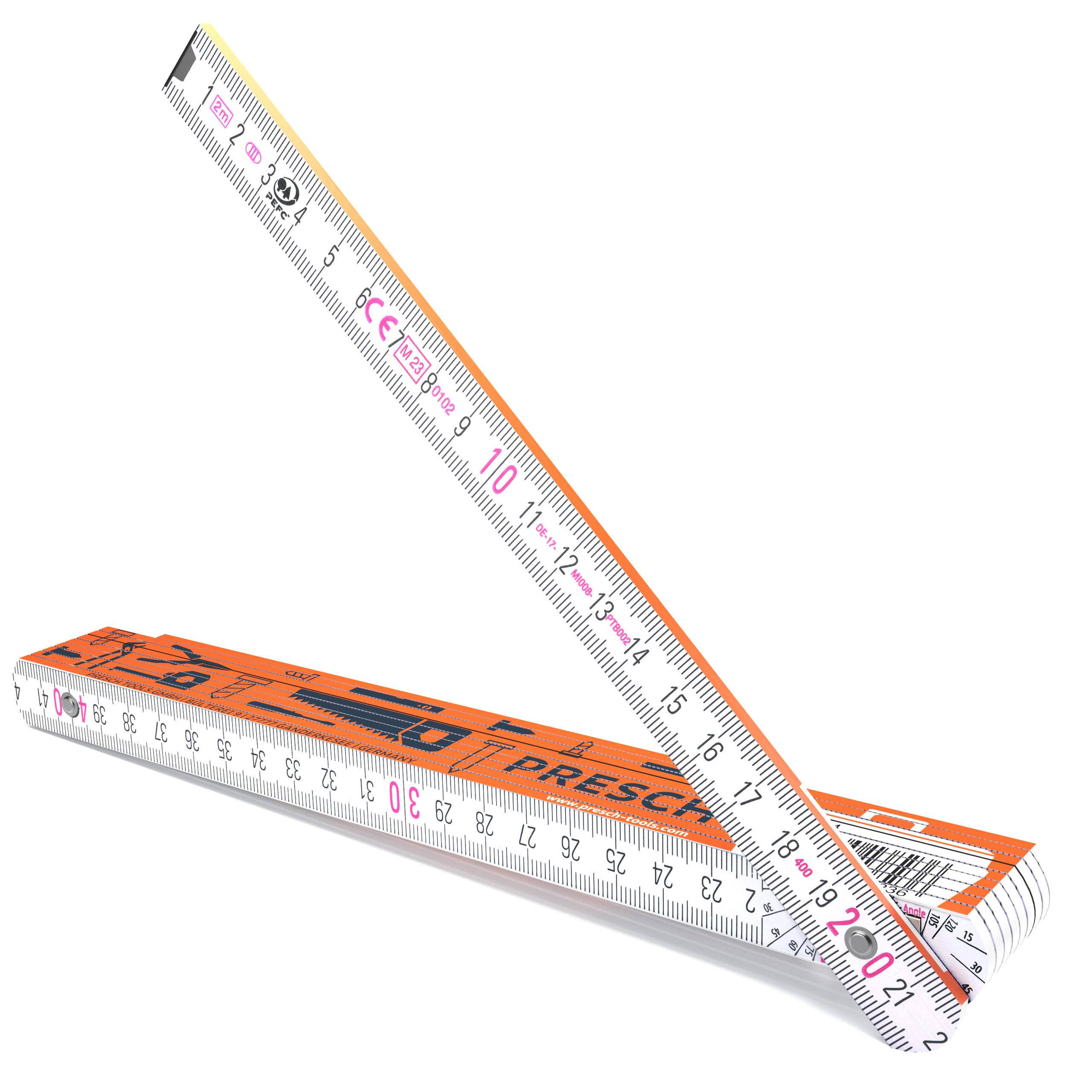 Presch Folding rule 2m with angle scale | Wood | Orange | Foldable | Large & highly legible numbers | Precise snapping | Meter stick, carpenters rule, folding ruler 2m, joiners rule with tool pattern