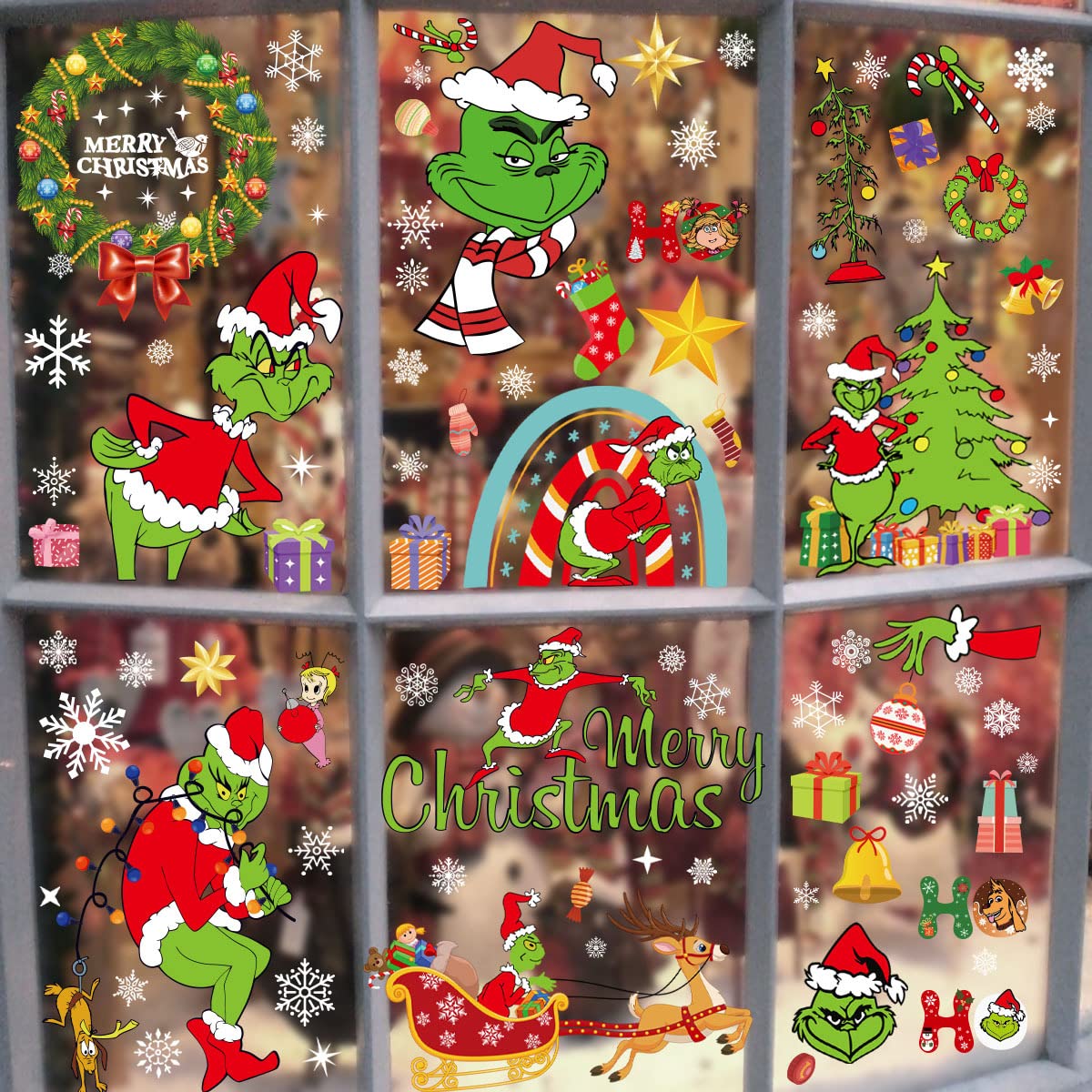 Christmas Window Stickers, 8 Sheets G-/rinch Snowflakes Double Sided Xmas Window Stickers Christmas Window Clings Snowflakes Decals Merry Decorations for Window Decoration (116pcs)