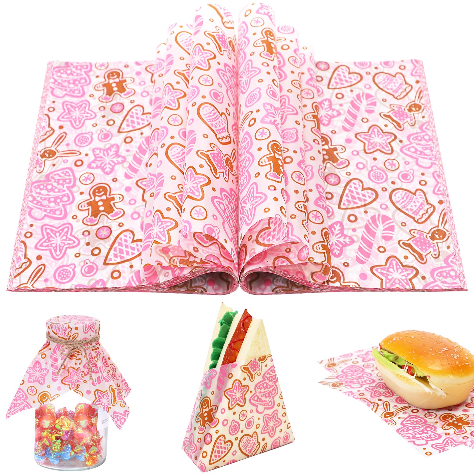 Photo 1 of 150 Sheets Pink Gingerbread Man Food Wax Paper, 9.8x8.3in Christmas Grease Proof Sandwich Wrapping Food Grease Resistant Paper for Xmas Home Kitchen