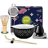 Matcha Whisk Set Matcha Kit - 7 Pcs Japanese Tea Set Includes Matcha Bowl with Spout,Bamboo Whisk with Ceramic Holder,Bamboo Scoop and Rest,Sifter,Tea Towel, for Ceremony Matcha Lovers Gift,Black