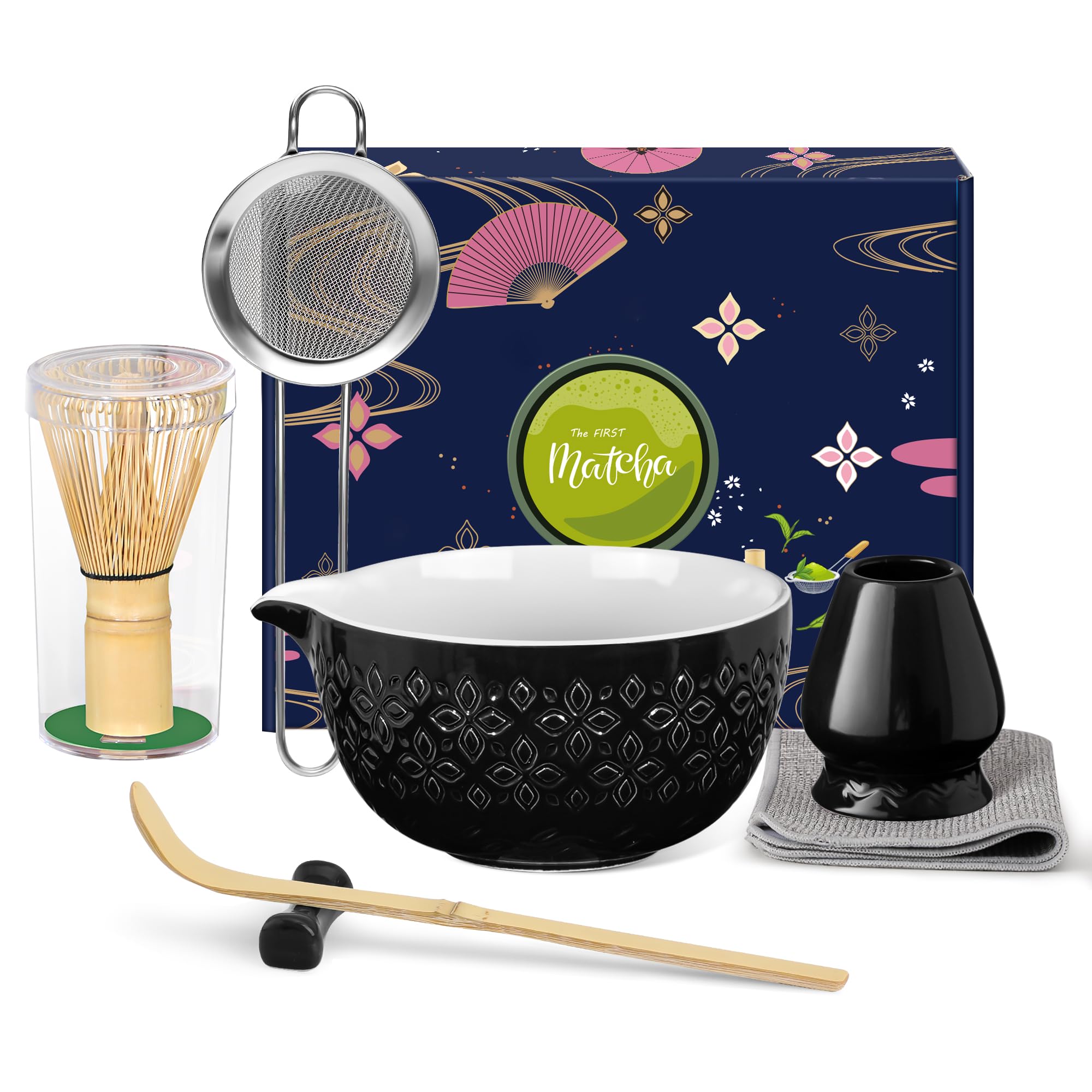 Photo 1 of Matcha Whisk Set Matcha Kit - 7 Pcs Japanese Tea Set Includes Matcha Bowl with Spout,Bamboo Whisk with Ceramic Holder,Bamboo Scoop and Rest,Sifter,Tea Towel, for Ceremony Matcha Lovers Gift,Black