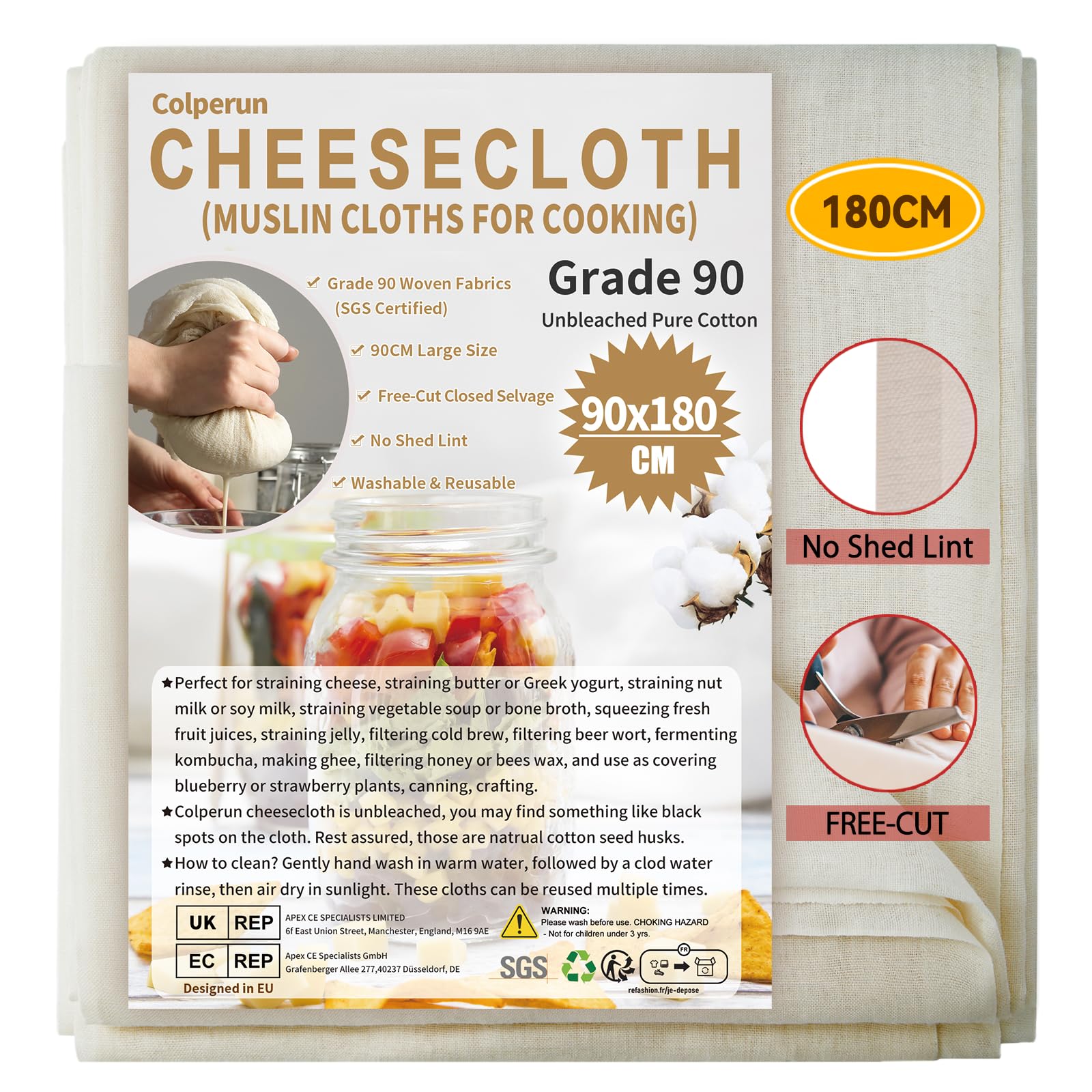 Colperun Cheese Cloths for Straining, 90x180cm, Grade 90, Muslin Cloths for Cooking Reusable Cheesecloth, Unbleached Cotton Large Cheese Cloth Roll Muslin Fabric Strainer for Crafts,Jam,Butter,Juicing