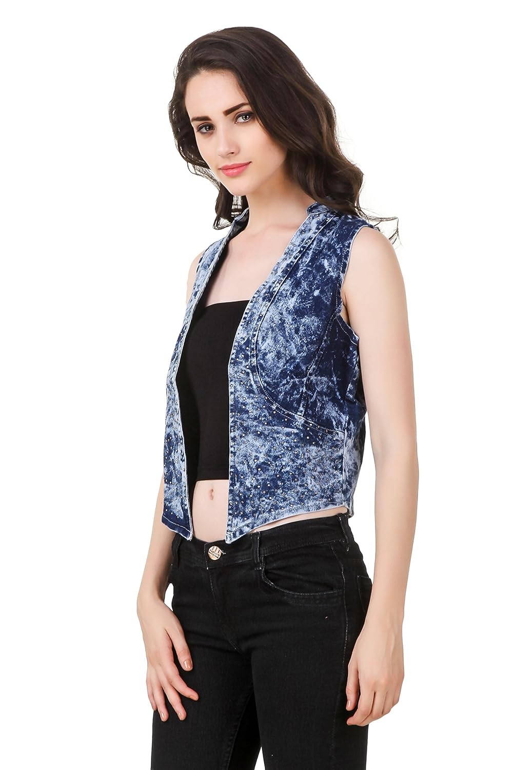 clo clu blue mandarin collar acid washed denim casual shrug