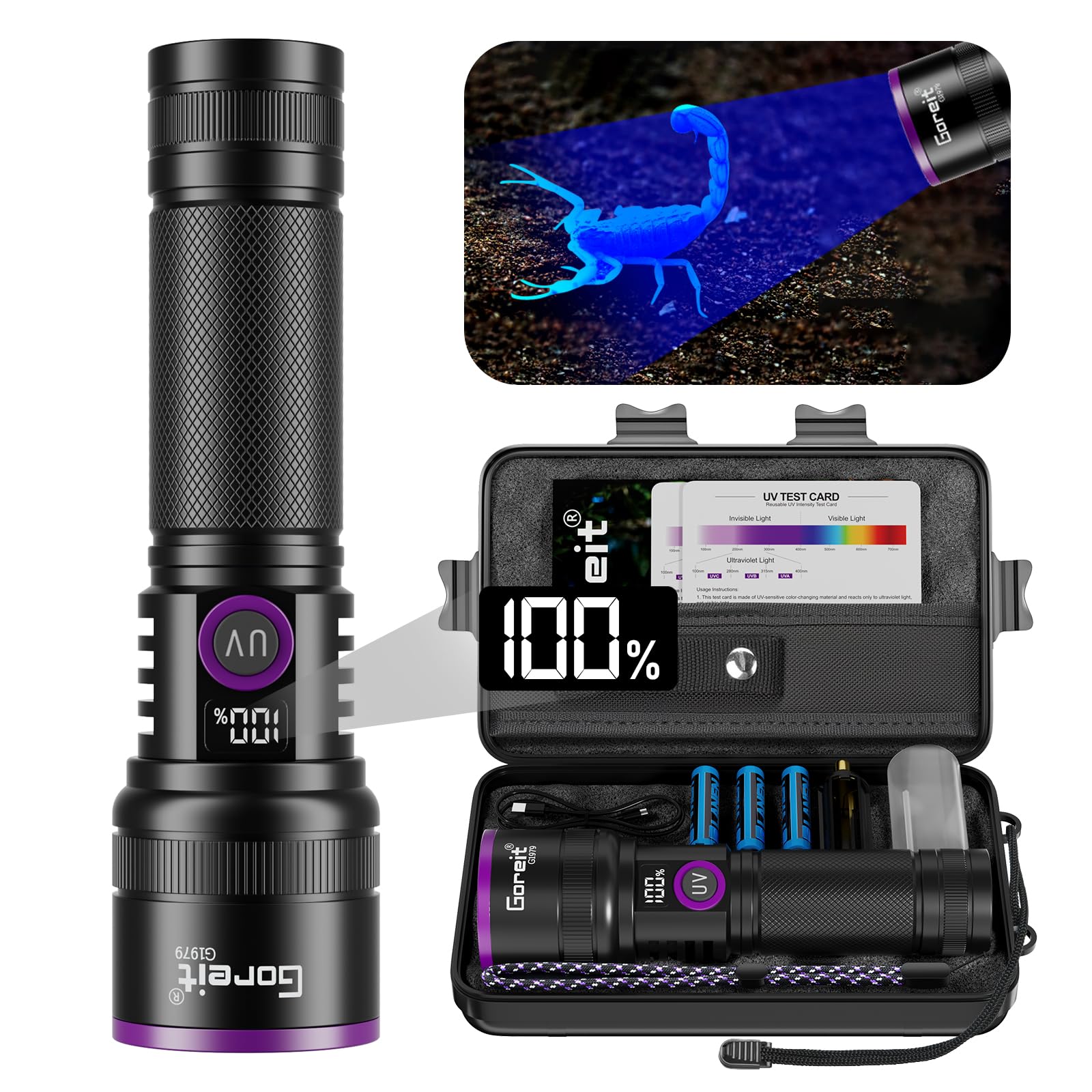 Goreit 365nm Black Light with Filter Lens - 30w Strong UV Light Flashlight Rechargeable with LCD Display Ultraviolet Blacklight for Pet Urine Detection/Resin Curing/Rocks/Scorpion/Blood Tracking Image