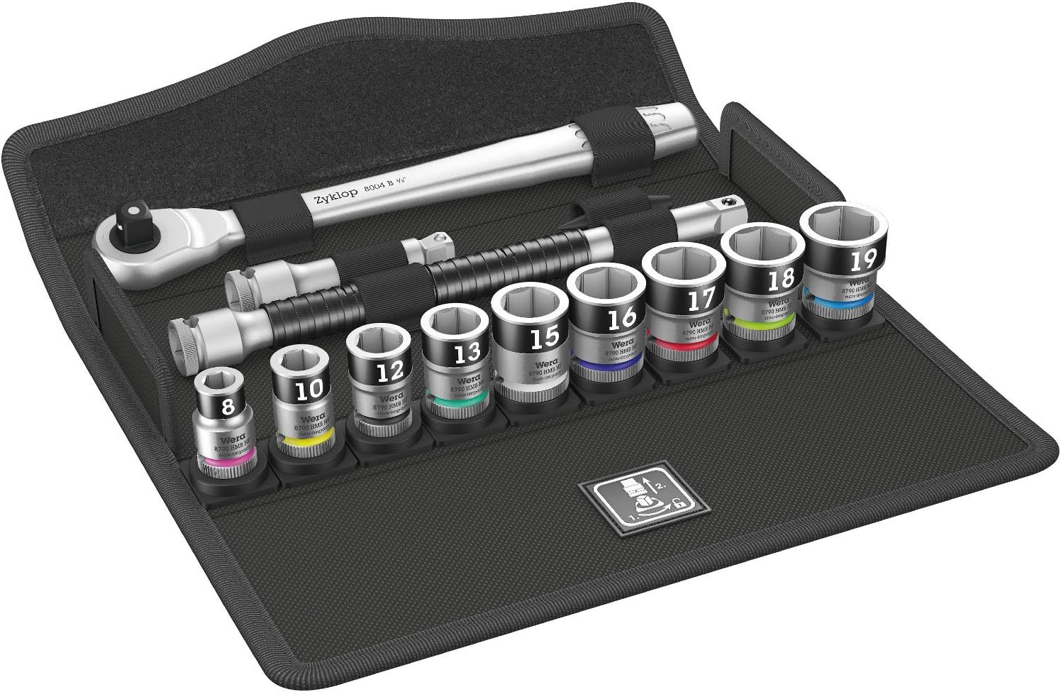 Wera 8100 SB 1 Zyklop Metal Switch Set, with Holding Function sockets, 3/8" Drive, 13pc, 05003785001 , Black