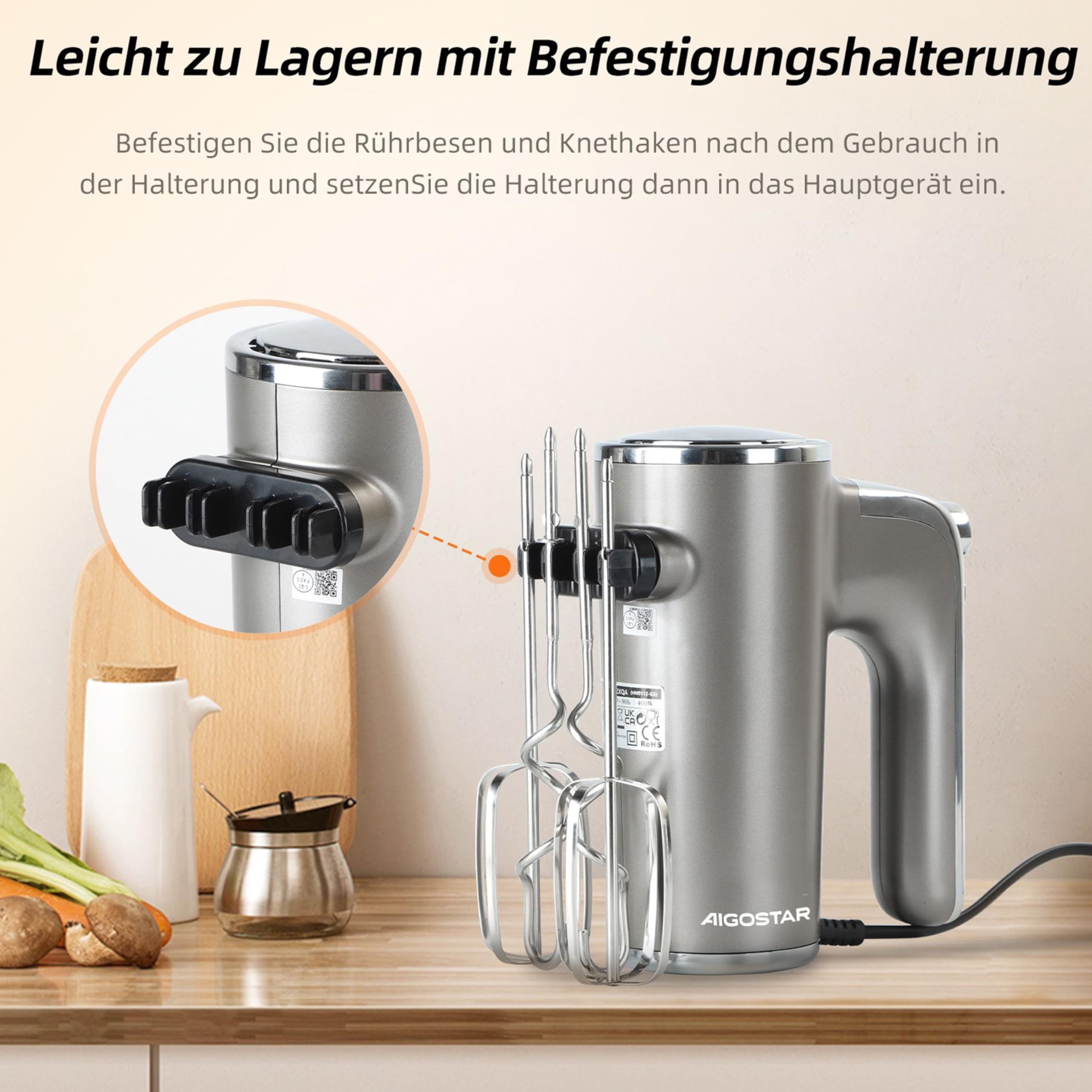 Aigostar Handmixer Elektrischer, 400 W Ultra Power Mixer Handrührer mit 1 Aufbewahrungshalterung, 5 Geschwindigkeiten, Turbo Boost, 2 Schneebesen und 2 Knethaken, für Eier, Teig, Kuchen.Adela 6