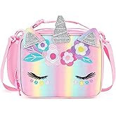 mibasies Unicorn Lunch Bag Kids Insulated Lunch Box for Girls with Water Bottle Holder and Shoulder Strap (Pink Blue Rainbow)