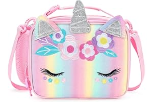 mibasies Unicorn Lunch Bag Kids Insulated Lunch Box for Girls with Water Bottle Holder and Shoulder Strap (Pink Blue Rainbow)