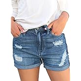 luvamia Women's Ripped High Waisted Denim Shorts Stretchy Cuffed Hem Jean Shorts