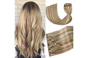 Ukira Blonde Hair Extensions for Women Real Human Hair Clip in Hair Extensions Human Hair 18 Inch 75g 7pcs Ash Blonde Highlig