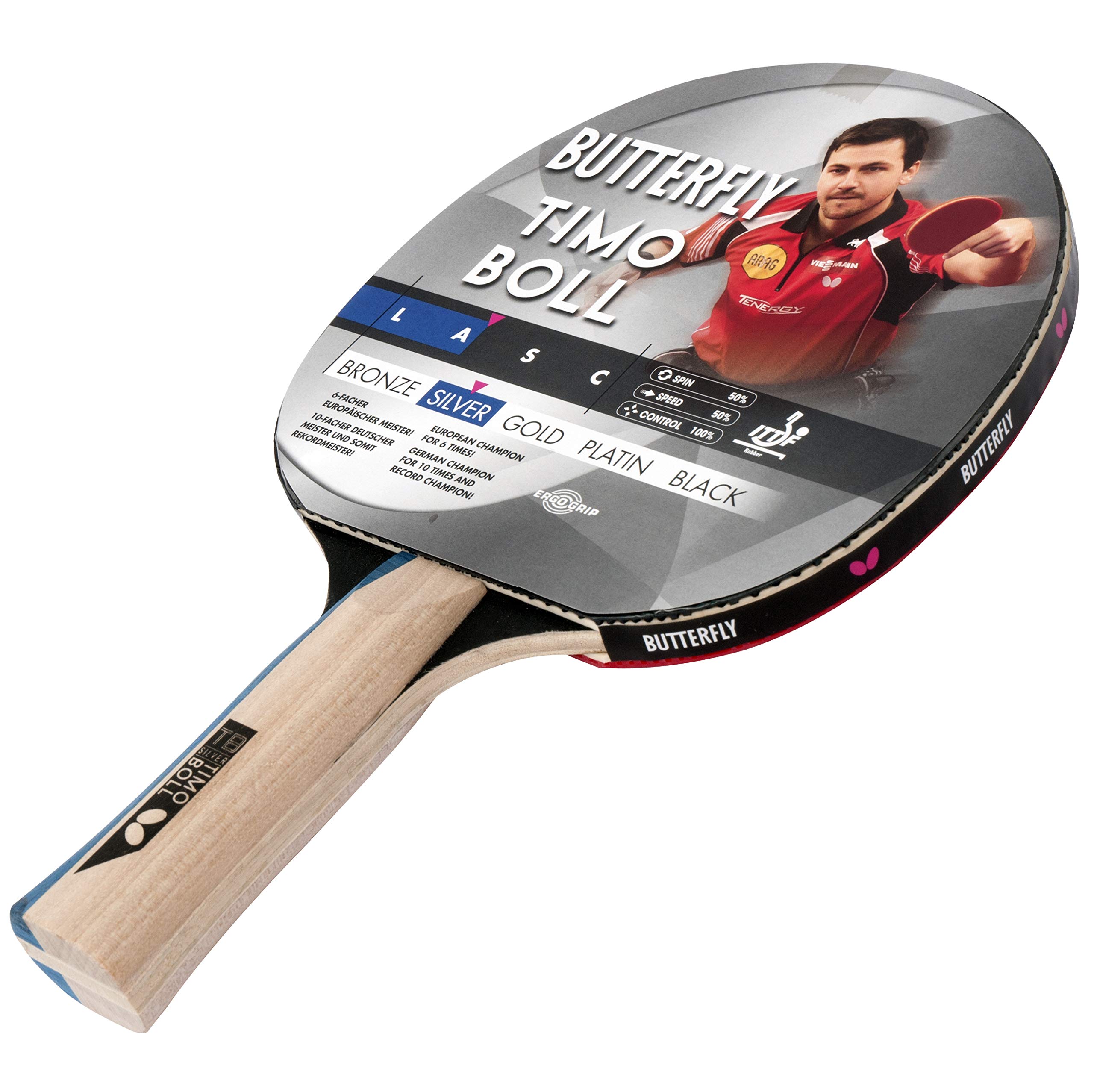 Butterfly Timo Boll Table Tennis Bat – ITTF Approved Paddle for Professional Competitions | Lightweight Shakehand Grip | Durable Wooden Frame | Silver | Size M