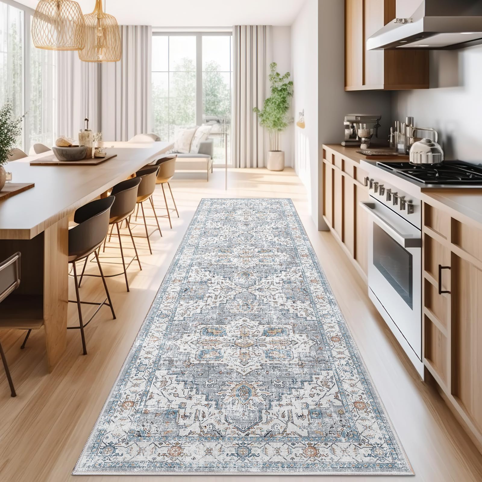 Photo 1 of jinchan Runner Rug 3x8 for Hallway - Kitchen Machine Washable Vintage Floral Non-Slip with Rubber Backing Ultra-Thin Low-Pile Carpet Runner for Bedroom Laundry Room (3x8ft, Grey/Blue)lpnpmfs9601699
