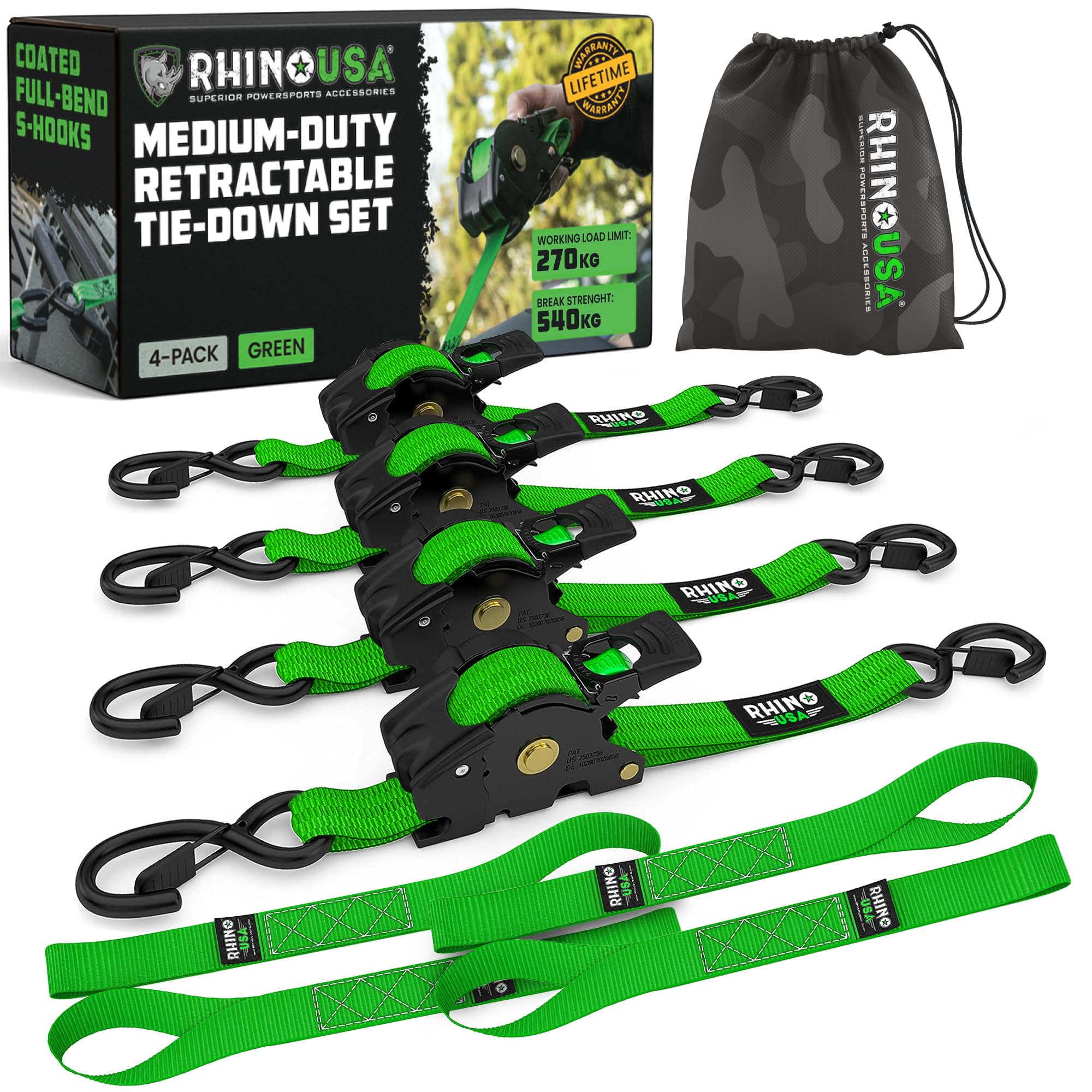 Rhino USA Retractable Ratchet Straps (4-Pack) - 2.5cm x 3m (540kg Break Strength) - Medium Duty Auto Self-Retracting Tie Down Straps for Truck, Cargo Trailer, Motorcycle, Bike & More - Green