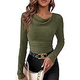 PRETTYGARDEN Women's Long Sleeve Cowl Neck Ribbed Knit Spring Shirts Slim Fit Ruched Going Out Crop Tops Basic T-Shirts