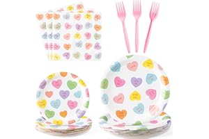 G1ngtar 96Pcs Conversation Heart Party Plates Supplies Valentine’s Day Party Tableware Decoration Colorful Heart Candy Disposable Paper Plates Napkins Forks for Valentine Birthday Wedding, Serves 24