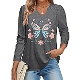 Womens Vintage Floral V Neck Shirts Boho Wildflowers Graphic Long Sleeve T-Shirts Cute Loose Casual Tee Tops