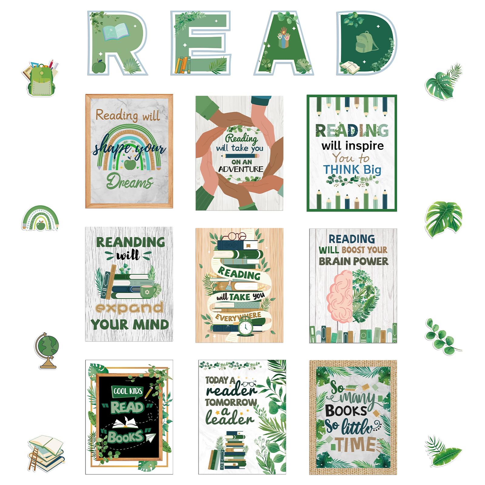 Photo 1 of Hedeey 45 PCS Reading Bulletin Board Set Eucalyptus Classroom Decorations Bulletin Board Poster Boho Greenery Motivational Positive Sayings Posters for School Classroom Office Home Nursery Library