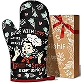 Slohif Funny Oven Mitt Heat Resistant for Women - 1 Pack Black Cute Novelty Cool Kitchen Oven Mittens with 100% Cotton for Baking and Cooking Accessories (Made with Love)