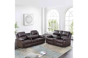 Plithzy Leather Recliner Sofa Set, Living Room Furniture Reclining Sofa Set, Leather Sofa Recliner Couch for Office Home (Sofa and Loveseat Set, Brown)
