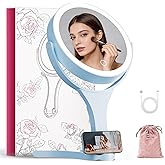 Hasipu Portable Travel Makeup Mirror with Lights – 360° Rotating with 1X/10X Magnifying, Rechargeable Tabletop Handhold Hanging 3 in 1 Mirror (Blue)