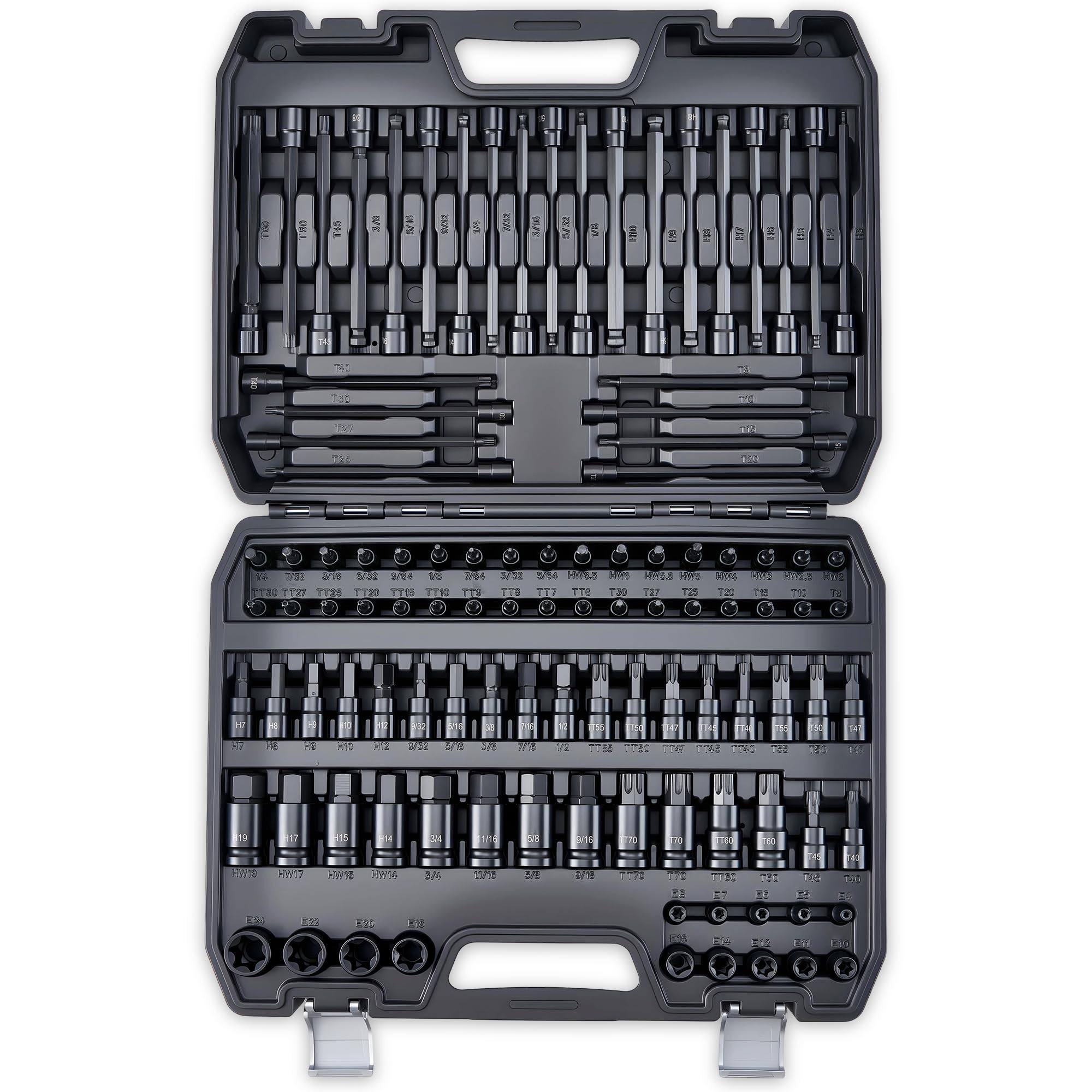 Photo 1 of 107-Piece Master Torx & Allen Bit Socket Set, S2 Steel, 1/4" 3/8" 1/2" Drive, Long Torx, Ball End Hex, Tamper-Resistant Star, E-Star Sockets, SAE & Metric (Phosphate-Black Set)