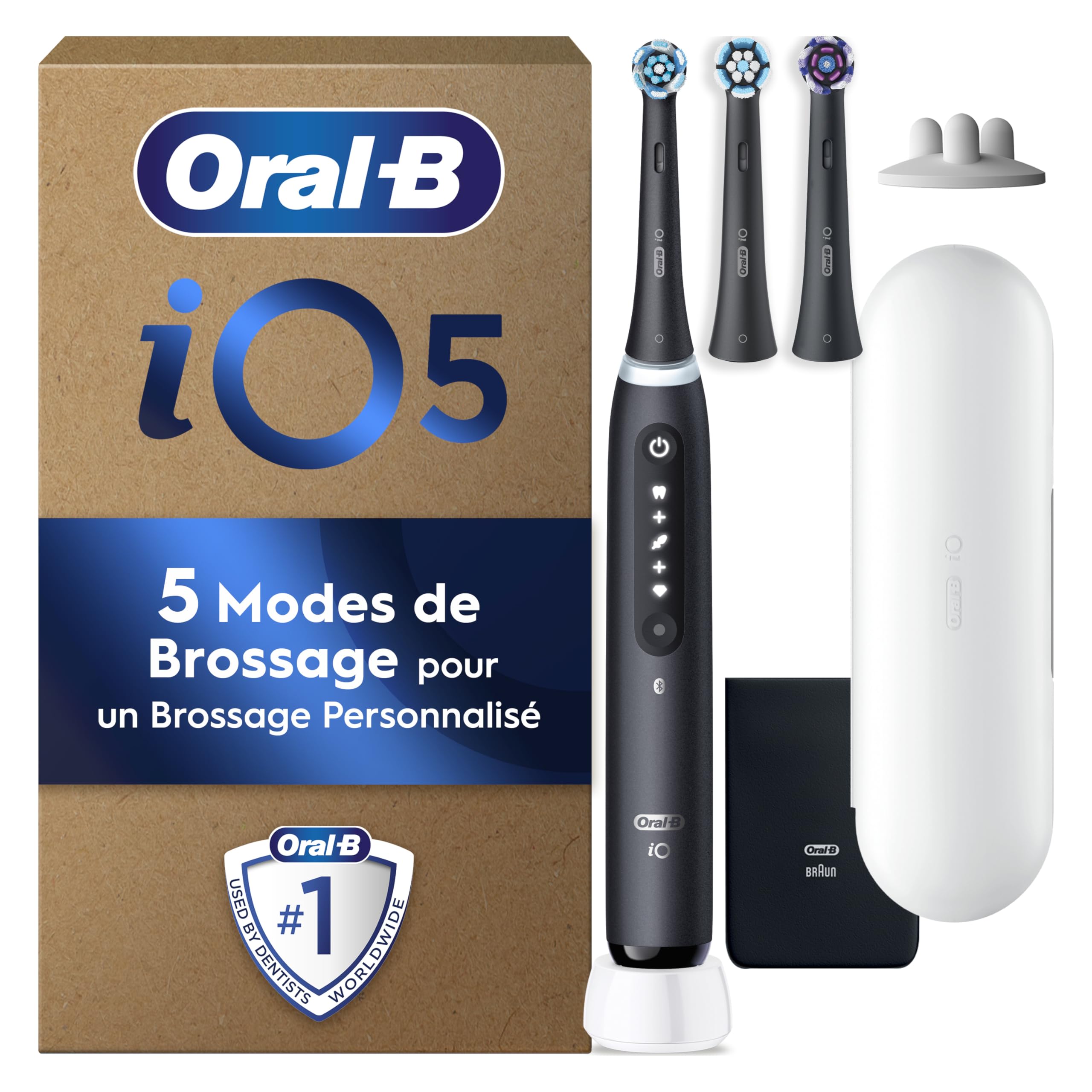 Oral-B iO 5 Brosse À Dents Électrique Noire, Un Capteur De Pression Pour Protéger Les Gencives, Les Dents Sensibles, Des Accessoires, 1 Brossette Douce, 1 Chargeur, 1 Étui De Voyage, Emballage Carton