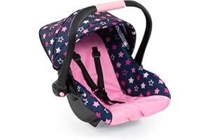 Bayer Design: Doll Deluxe Car Seat - Navy-Pink-Star - Portable Travel Carrier for Dolls Up to 18", Sunshade & Carry Handle, Use As Rocker, Kids 3+