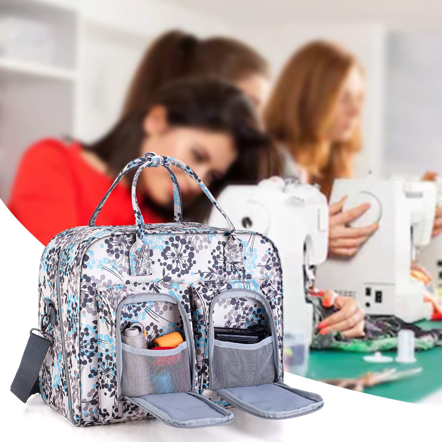 Teamoy Sewing Machine Carrying Case, Sewing Machine Tote with Bottom Wooden Board Pad for Most Standard Sewing Machines and Accessories, Dandelion