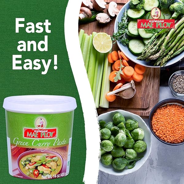 MAE PLOY GREEN CURRY PASTE, AUTHENTIC THAI GREEN CURRY PASTE FOR THAI CURRIES & OTHER DISHES, AROMATIC BLEND OF HERBS, SPICES & SHRIMP PASTE, (14OZ TUB) (25469)