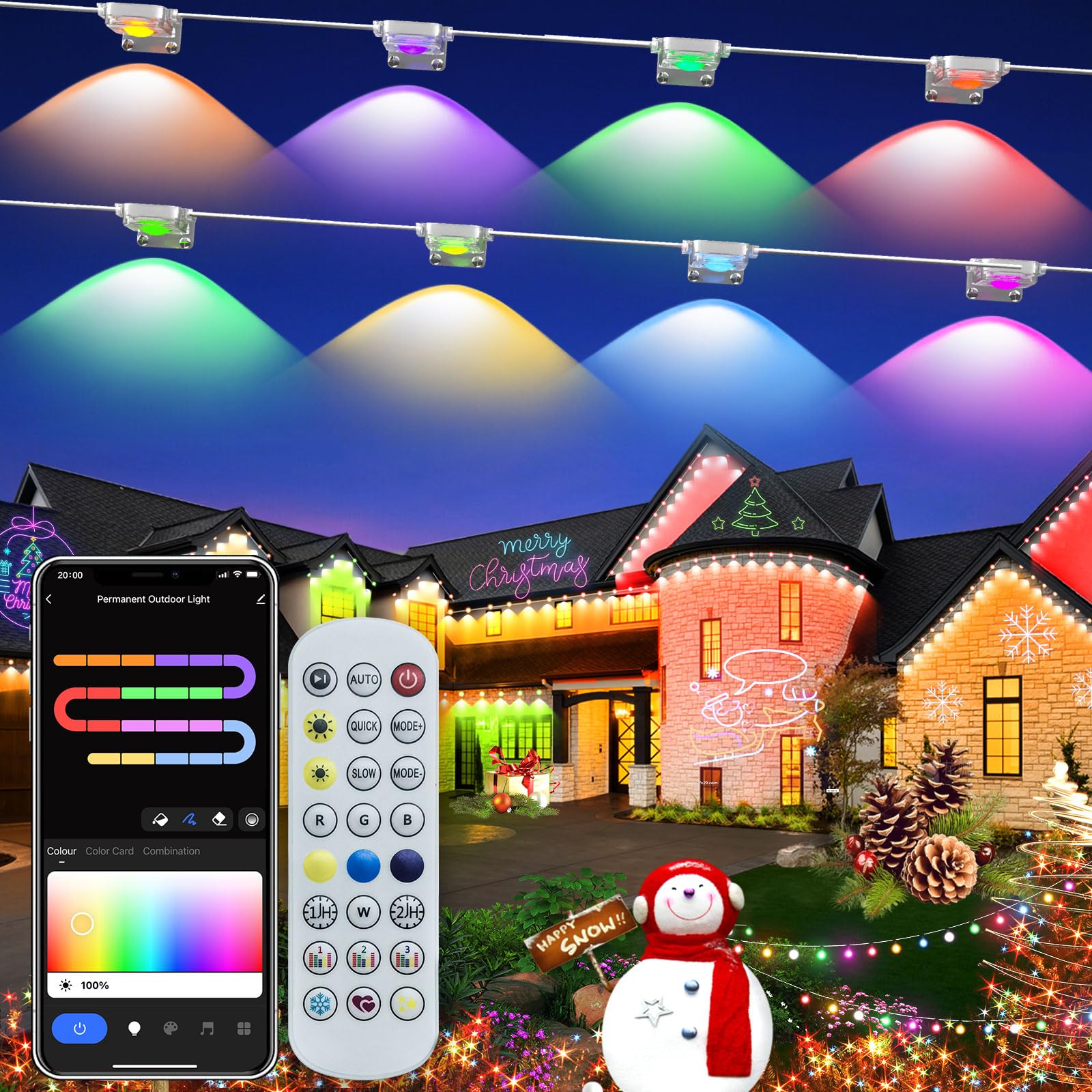 100ft RGB+IC Permanent Outdoor Smart Lights – IP67 Waterproof, 50 Scene Modes, App/Remote Control For Holidays & Daily Use