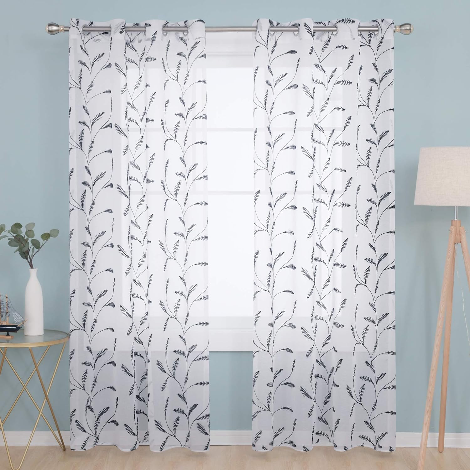 Deconovo Linen Look Sheer Curtains Super Soft Eyelets Net Curtains Plain Embroidered Wheat Ears Floral Voile Curtains for Doors 55 x 71 Inch Navy Blue Two Panels