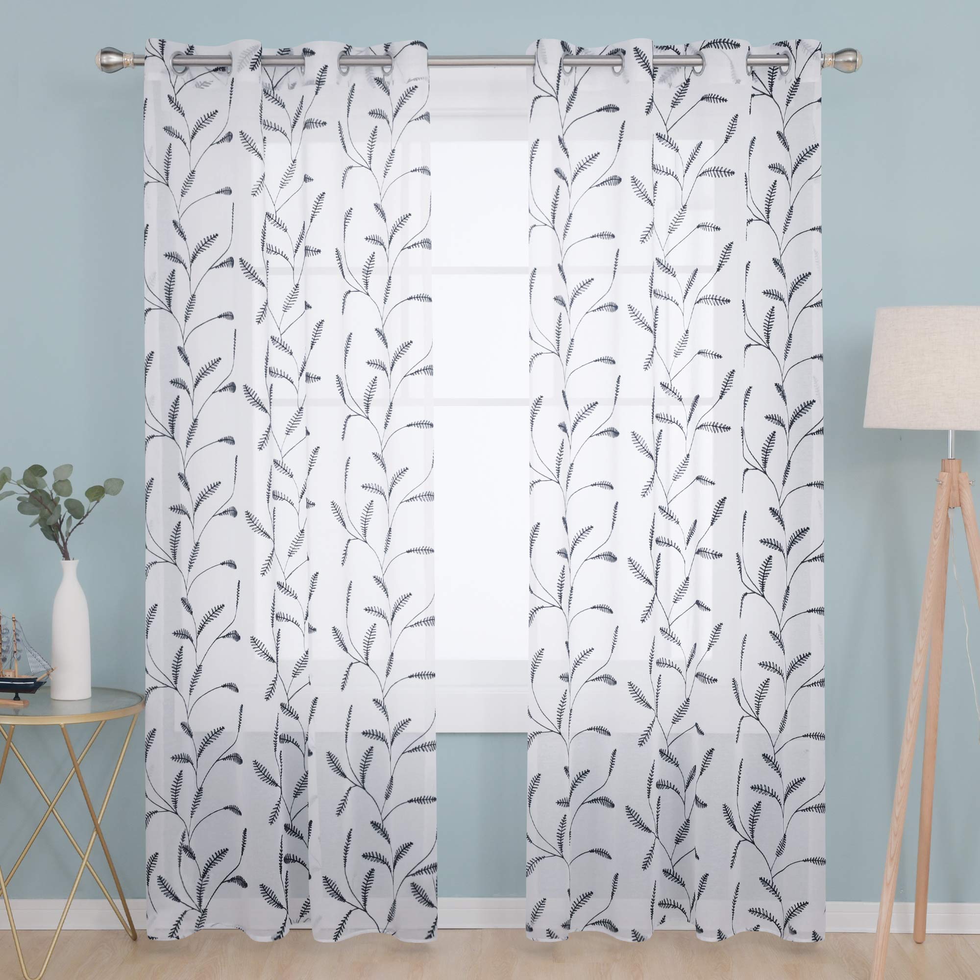 Deconovo Linen Look Sheer Curtains Super Soft Eyelets Net Curtains Plain Embroidered Wheat Ears Floral Voile Curtains for Doors 55 x 71 Inch Navy Blue Two Panels