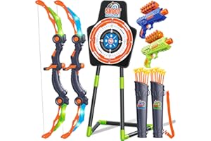 GMAOPHY Bow and Arrow for 5 6 7 8 9 10 11+ Year Old Boys, Birthday Gift for Kids, Indoor Outdoor Activity Toys, 2 Pack LED Light Up Archery Toy with 20 Suction Cup Arrows, Standing Target