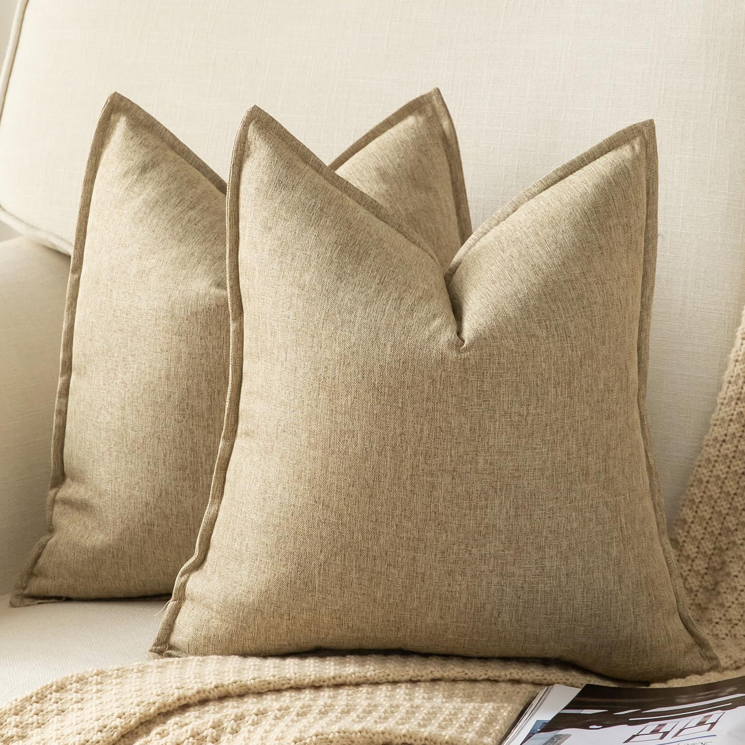 YAERTUN Pack of 2 Decorative Linen Soild Cushion Covers Farmhouse Neutral Throw Pillow Cases for Chair Couch Sofa Bedroom Living Room Home Decor 16 x 16 Inch 40x40 cm Khaki